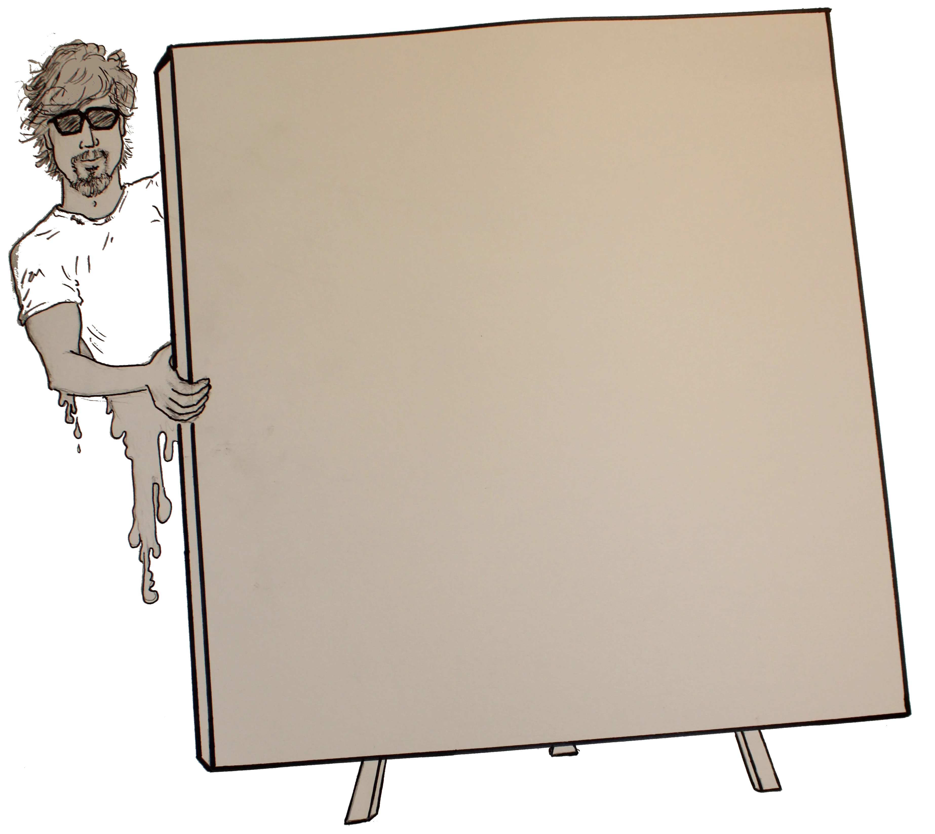Image picturing a cartoon likeness of Jim who likes to Swim, with his lower body has been replaced by an oozing paint effect, standing next to a large canvas on an easel displaying various murals and artwork